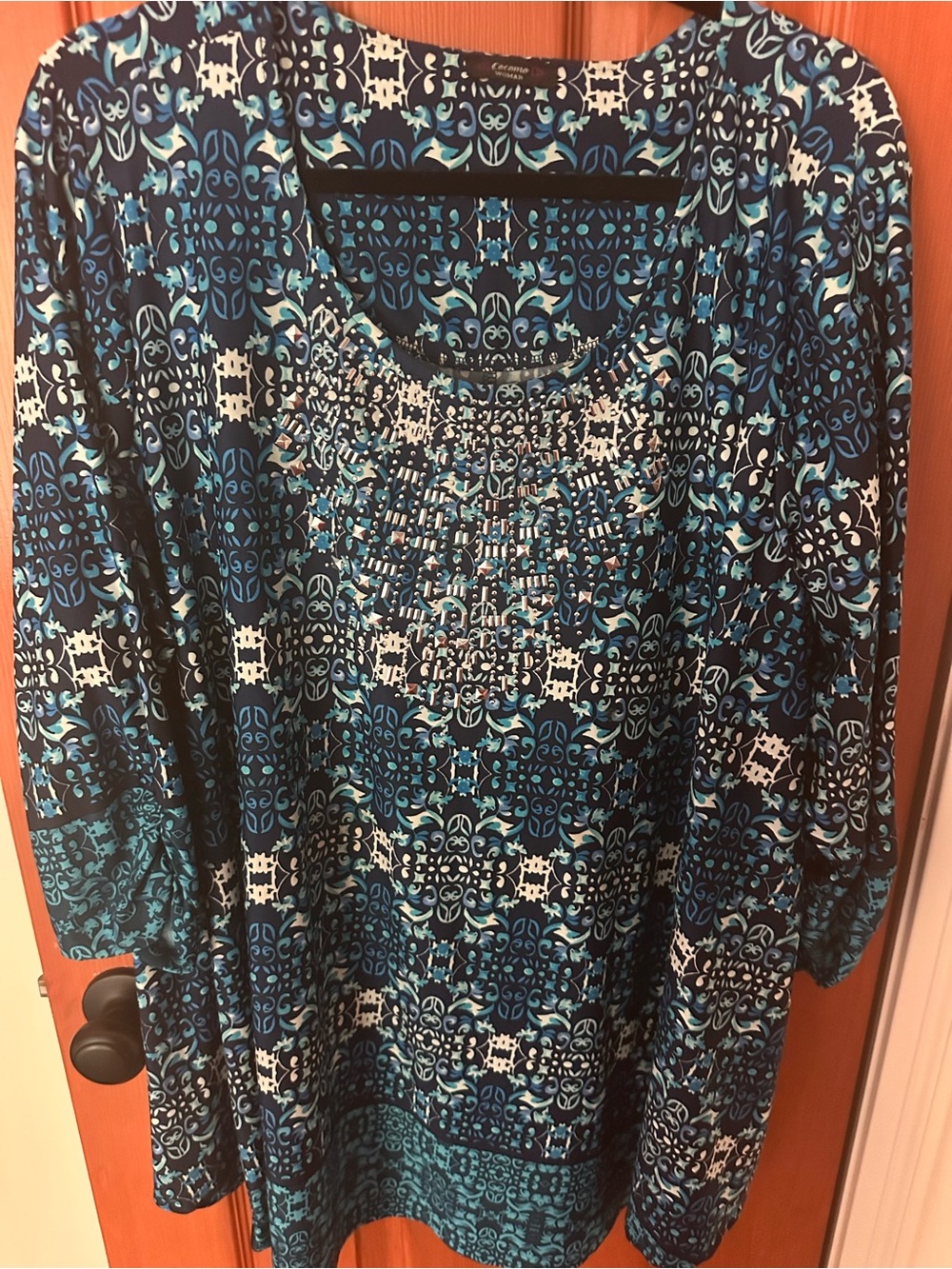 Cocomo Blue and White Patterned Tunic with Smocked Neck